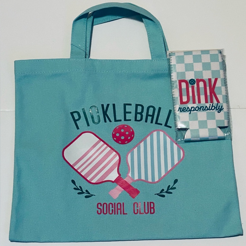 NEW! Pickleball Collection Teal Canvas Hand Tote And Koozie Can Cooler Set (NWT)